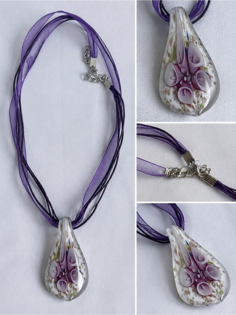 Purple Glass Floral Teardrop Pendant Necklace